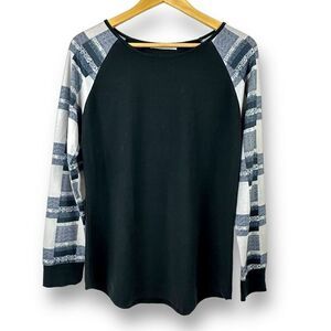 Harhay Women's Size L Long Sleeve Colorblock Pullover Black With Checker Plaid‎
